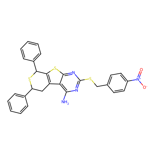 2-((4-nitrobenzyl)thio)-6,8-diphenyl-6,8-dihydro-5H-thiopyrano[4',3':4,5]thieno[2,3-d]pyrimidin-4-amine structure