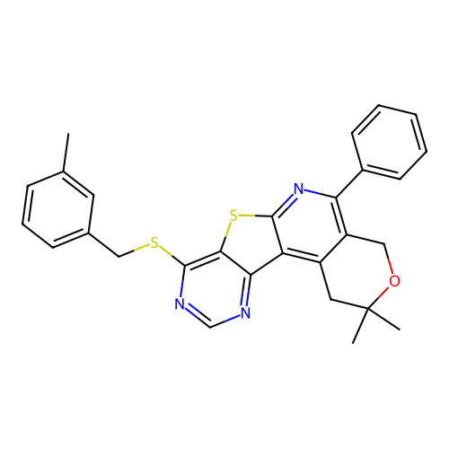 2,2-DIMETHYL-5-PHENYL-1,4-DIHYDRO-2H-PYRANO[4'',3'':4',5']PYRIDO[3',2':4,5]THIENO[3,2-D]PYRIMIDIN-8-YL (3-METHYLBENZYL) SULFIDE structure