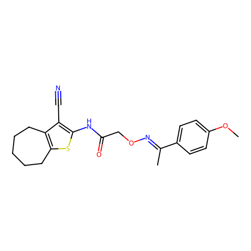 (E)-N-(3-cyano-5,6,7,8-tetrahydro-4H-cyclohepta[b]thiophen-2-yl)-2-(((1-(4-methoxyphenyl)ethylidene)amino)oxy)acetamide structure
