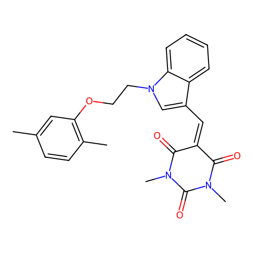 5-((1-(2-(2,5-dimethylphenoxy)ethyl)-1H-indol-3-yl)methylene)-1,3-dimethylpyrimidine-2,4,6(1H,3H,5H)-trione structure