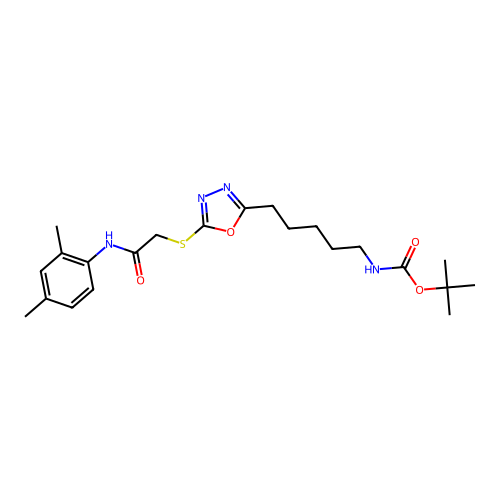 tert-butyl (5-(5-((2-((2,4-dimethylphenyl)amino)-2-oxoethyl)thio)-1,3,4-oxadiazol-2-yl)pentyl)carbamate structure