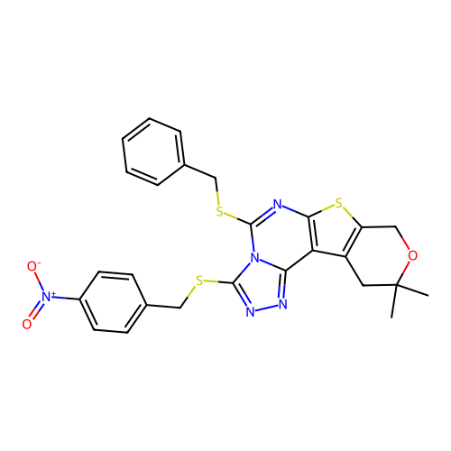 5-(benzylsulfanyl)-10,10-dimethyl-3-[(4-nitrobenzyl)sulfanyl]-10,11-dihydro-8H-pyrano[4',3':4,5]thieno[3,2-e][1,2,4]triazolo[4,3-c]pyrimidine structure