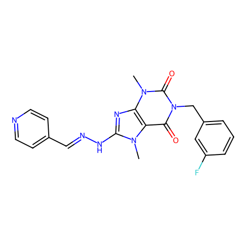 (E)-1-(3-fluorobenzyl)-3,7-dimethyl-8-(2-(pyridin-4-ylmethylene)hydrazinyl)-1H-purine-2,6(3H,7H)-dione structure