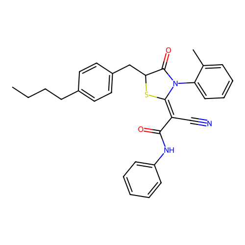 (2Z)-2-[5-(4-butylbenzyl)-3-(2-methylphenyl)-4-oxo-1,3-thiazolidin-2-ylidene]-2-cyano-N-phenylethanamide structure