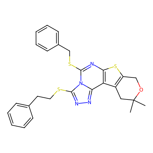 5-(benzylsulfanyl)-10,10-dimethyl-3-[(2-phenylethyl)sulfanyl]-10,11-dihydro-8H-pyrano[4',3':4,5]thieno[3,2-e][1,2,4]triazolo[4,3-c]pyrimidine structure