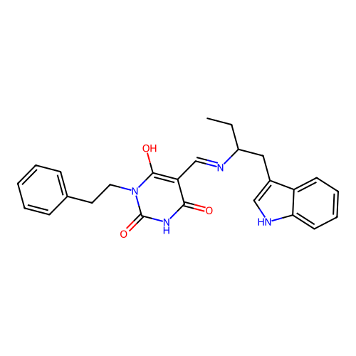 5-[[1-(1H-indol-3-yl)butan-2-ylamino]methylidene]-1-phenethyl-1,3-diazinane-2,4,6-trione structure