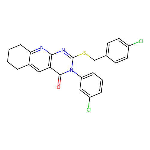 2-((4-chlorobenzyl)thio)-3-(3-chlorophenyl)-6,7,8,9-tetrahydropyrimido[4,5-b]quinolin-4(3H)-one structure