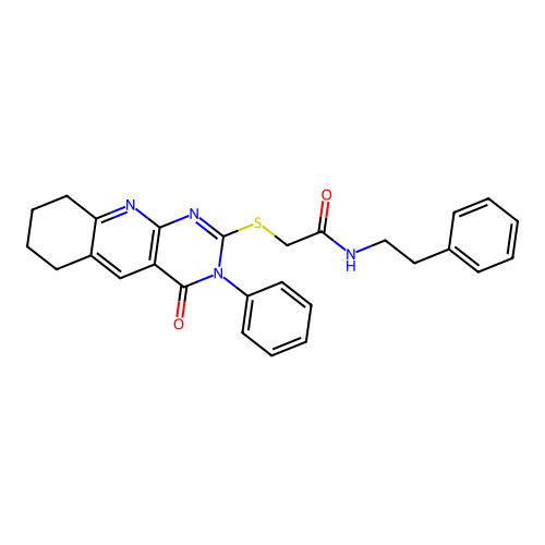 2-((4-oxo-3-phenyl-3,4,6,7,8,9-hexahydropyrimido[4,5-b]quinolin-2-yl)thio)-N-phenethylacetamide structure