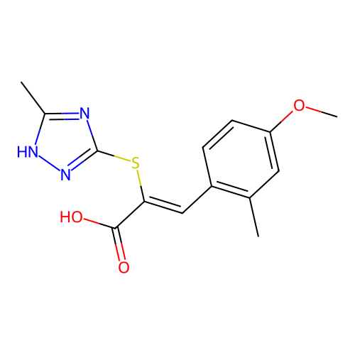 (Z)-3-(4-methoxy-2-methylphenyl)-2-((5-methyl-4H-1,2,4-triazol-3-yl)thio)acrylic acid structure