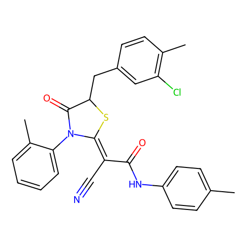 (Z)-2-(5-(3-chloro-4-methylbenzyl)-4-oxo-3-(o-tolyl)thiazolidin-2-ylidene)-2-cyano-N-(p-tolyl)acetamide structure