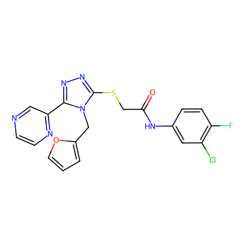 N-(3-chloro-4-fluorophenyl)-2-((4-(furan-2-ylmethyl)-5-(pyrazin-2-yl)-4H-1,2,4-triazol-3-yl)thio)acetamide structure