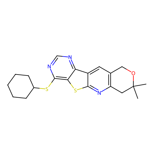 4-(cyclohexylsulfanyl)-8,8-dimethyl-7,10-dihydro-8H-pyrano[3'',4'':5',6']pyrido[3',2':4,5]thieno[3,2-d]pyrimidine structure