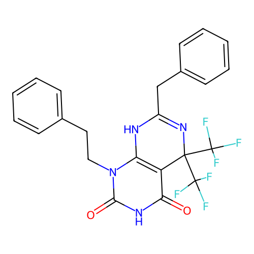 7-benzyl-1-phenethyl-5,5-bis(trifluoromethyl)-8H-pyrimido[4,5-d]pyrimidine-2,4-dione structure