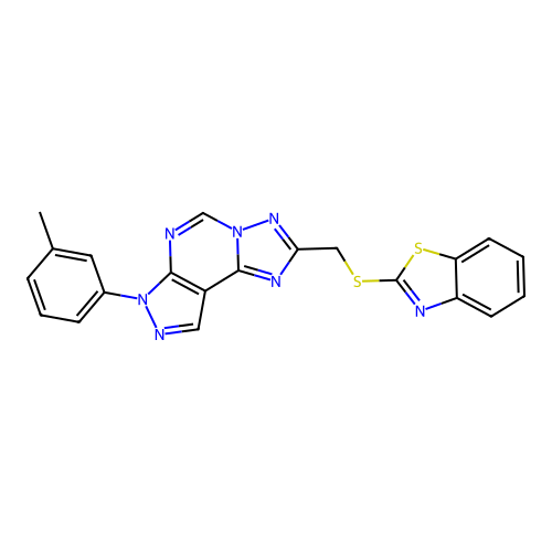 2-(((7-(m-tolyl)-7H-pyrazolo[4,3-e][1,2,4]triazolo[1,5-c]pyrimidin-2-yl)methyl)thio)benzo[d]thiazole structure
