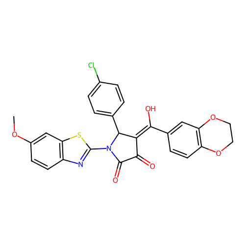 (4E)-5-(4-chlorophenyl)-4-[2,3-dihydro-1,4-benzodioxin-6-yl(hydroxy)methylidene]-1-(6-methoxy-1,3-benzothiazol-2-yl)pyrrolidine-2,3-dione structure