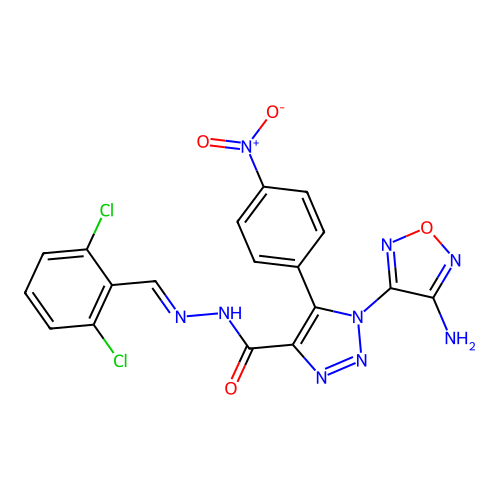 (E)-1-(4-amino-1,2,5-oxadiazol-3-yl)-N'-(2,6-dichlorobenzylidene)-5-(4-nitrophenyl)-1H-1,2,3-triazole-4-carbohydrazide structure