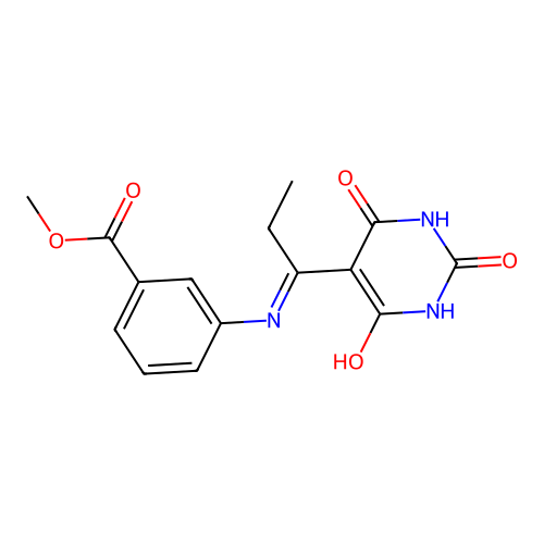 methyl 3-[1-(2,4,6-trioxo-1,3-diazinan-5-ylidene)propylamino]benzoate structure