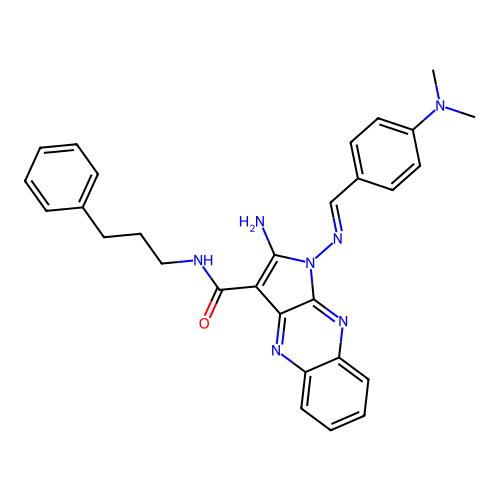 (E)-2-amino-1-((4-(dimethylamino)benzylidene)amino)-N-(3-phenylpropyl)-1H-pyrrolo[2,3-b]quinoxaline-3-carboxamide structure