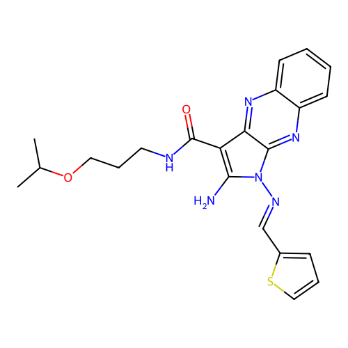 (E)-2-amino-N-(3-isopropoxypropyl)-1-((thiophen-2-ylmethylene)amino)-1H-pyrrolo[2,3-b]quinoxaline-3-carboxamide structure
