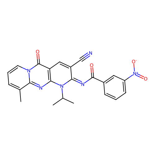 (E)-N-(3-cyano-1-isopropyl-10-methyl-5-oxo-1H-dipyrido[1,2-a:2',3'-d]pyrimidin-2(5H)-ylidene)-3-nitrobenzamide structure