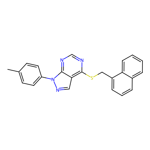 4-((naphthalen-1-ylmethyl)thio)-1-(p-tolyl)-1H-pyrazolo[3,4-d]pyrimidine structure