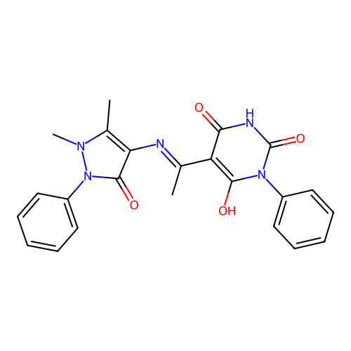 (E)-5-(1-((1,5-dimethyl-3-oxo-2-phenyl-2,3-dihydro-1H-pyrazol-4-yl)amino)ethylidene)-1-phenylpyrimidine-2,4,6(1H,3H,5H)-trione structure