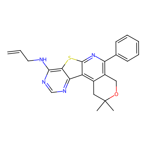 2,2-dimethyl-5-phenyl-N-(prop-2-en-1-yl)-1,4-dihydro-2H-pyrano[4'',3'':4',5']pyrido[3',2':4,5]thieno[3,2-d]pyrimidin-8-amine structure