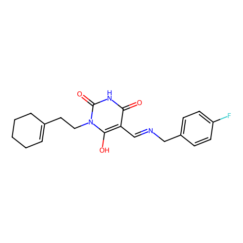 (5E)-1-[2-(cyclohexen-1-yl)ethyl]-5-[[(4-fluorophenyl)methylamino]methylidene]-1,3-diazinane-2,4,6-trione structure