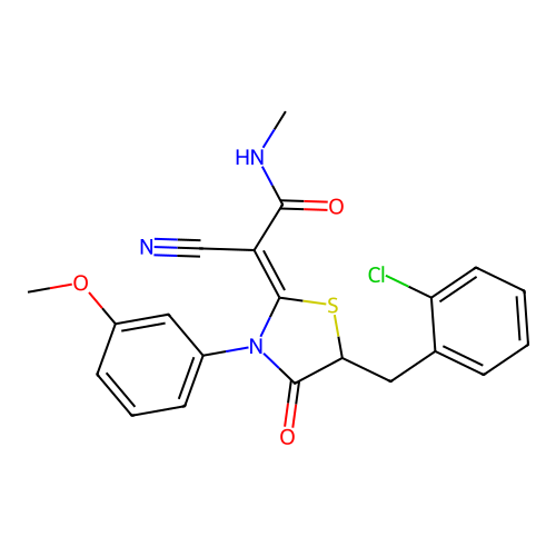 (Z)-2-(5-(2-chlorobenzyl)-3-(3-methoxyphenyl)-4-oxothiazolidin-2-ylidene)-2-cyano-N-methylacetamide structure