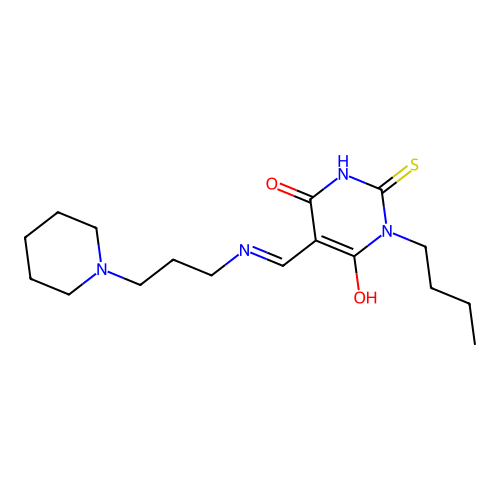 (5E)-1-butyl-5-[(3-piperidin-1-ylpropylamino)methylidene]-2-sulfanylidene-1,3-diazinane-4,6-dione structure