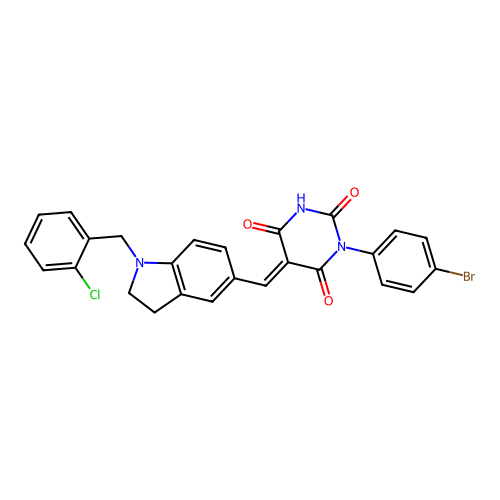 (5E)-1-(4-bromophenyl)-5-[[1-[(2-chlorophenyl)methyl]-2,3-dihydroindol-5-yl]methylidene]-1,3-diazinane-2,4,6-trione structure