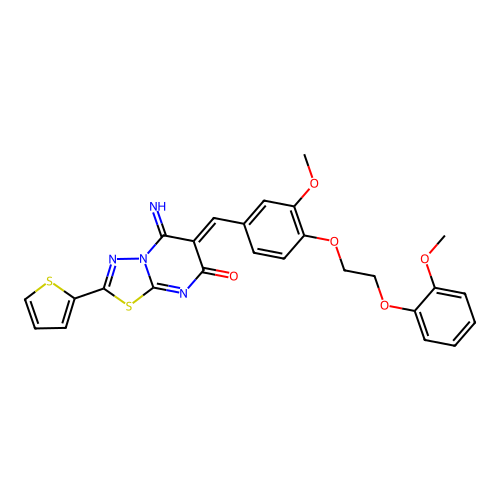 (6Z)-5-imino-6-[[3-methoxy-4-[2-(2-methoxyphenoxy)ethoxy]phenyl]methylidene]-2-thiophen-2-yl-[1,3,4]thiadiazolo[3,2-a]pyrimidin-7-one structure