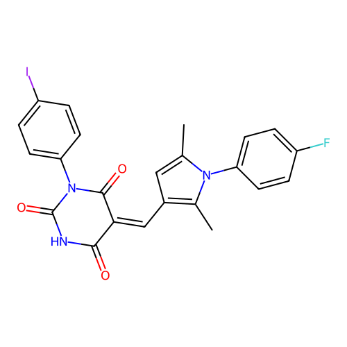 (5Z)-5-[[1-(4-fluorophenyl)-2,5-dimethylpyrrol-3-yl]methylidene]-1-(4-iodophenyl)-1,3-diazinane-2,4,6-trione structure