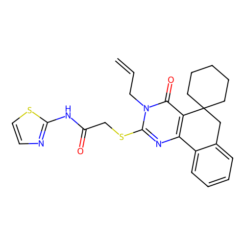 2-((3-allyl-4-oxo-4,6-dihydro-3H-spiro[benzo[h]quinazoline-5,1'-cyclohexan]-2-yl)thio)-N-(thiazol-2-yl)acetamide structure