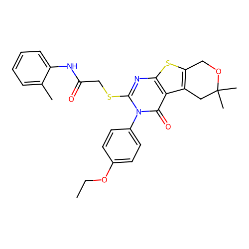 2-((3-(4-ethoxyphenyl)-6,6-dimethyl-4-oxo-4,5,6,8-tetrahydro-3H-pyrano[4',3':4,5]thieno[2,3-d]pyrimidin-2-yl)thio)-N-(o-tolyl)acetamide structure