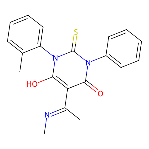 (5E)-5-[1-(methylamino)ethylidene]-1-(2-methylphenyl)-3-phenyl-2-thioxodihydropyrimidine-4,6(1H,5H)-dione structure