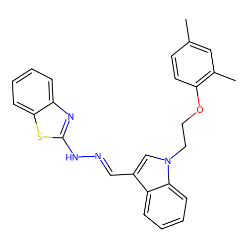 N-[[1-[2-(2,4-dimethylphenoxy)ethyl]indol-3-yl]methylideneamino]benzothiazol-2-amine structure