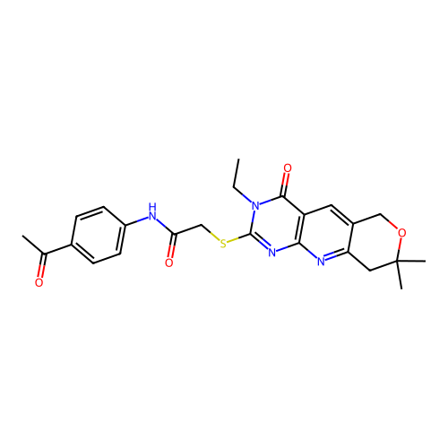 N-(4-Acetyl-phenyl)-2-(3-ethyl-7,7-dimethyl-4-oxo-3,5,7,8-tetrahydro-4H-6-oxa-1,3,9-triaza-anthracen-2- ylsulfanyl)-acetamide structure