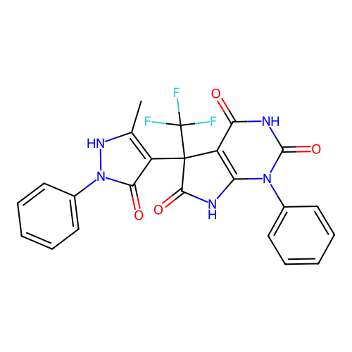 5-(5-methyl-3-oxo-2-phenyl-2,3-dihydro-1H-pyrazol-4-yl)-1-phenyl-5-(trifluoromethyl)-1H-pyrrolo[2,3-d]pyrimidine-2,4,6(3H,5H,7H)-trione structure