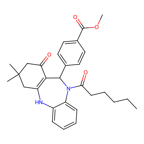 methyl 4-(10-hexanoyl-1-hydroxy-3,3-dimethyl-3,4,10,11-tetrahydro-2H-dibenzo[b,e][1,4]diazepin-11-yl)benzoate structure