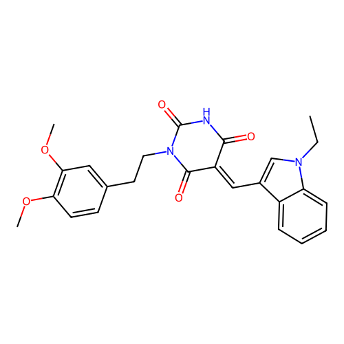 (5E)-1-[2-(3,4-dimethoxyphenyl)ethyl]-5-[(1-ethylindol-3-yl)methylidene]-1,3-diazinane-2,4,6-trione structure