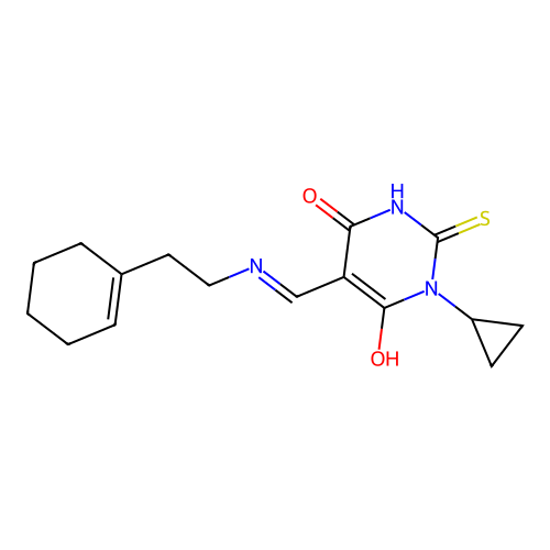 (5E)-5-({[2-(cyclohex-1-en-1-yl)ethyl]amino}methylidene)-1-cyclopropyl-2-sulfanylpyrimidine-4,6(1H,5H)-dione structure