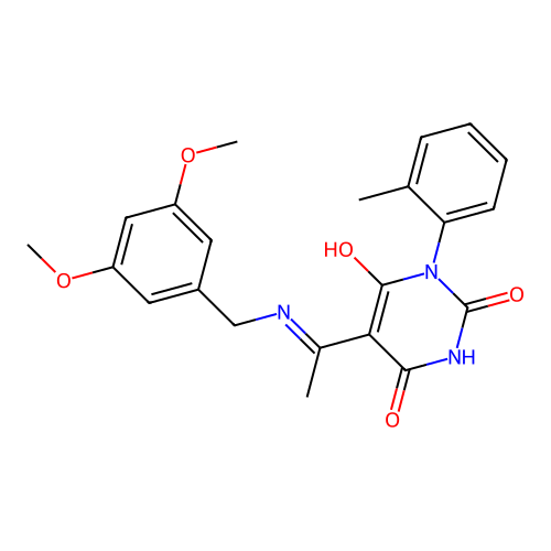 5-[1-[(3,5-dimethoxyphenyl)methylamino]ethylidene]-1-(2-methylphenyl)-1,3-diazinane-2,4,6-trione structure