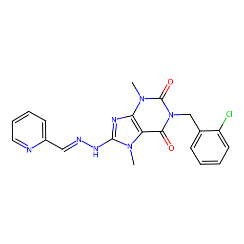 (E)-1-(2-chlorobenzyl)-3,7-dimethyl-8-(2-(pyridin-2-ylmethylene)hydrazinyl)-1H-purine-2,6(3H,7H)-dione structure