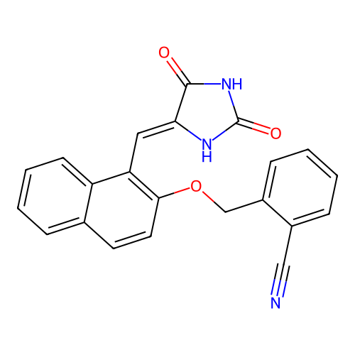 2-[({1-[(Z)-(2,5-dioxoimidazolidin-4-ylidene)methyl]naphthalen-2-yl}oxy)methyl]benzonitrile structure