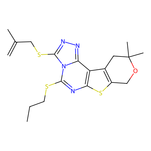10,10-dimethyl-3-((2-methylallyl)thio)-5-(propylthio)-10,11-dihydro-8H-pyrano[4',3':4,5]thieno[3,2-e][1,2,4]triazolo[4,3-c]pyrimidine structure
