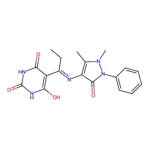 5-(1-((1,5-dimethyl-3-oxo-2-phenyl-2,3-dihydro-1H-pyrazol-4-yl)amino)propylidene)pyrimidine-2,4,6(1H,3H,5H)-trione structure