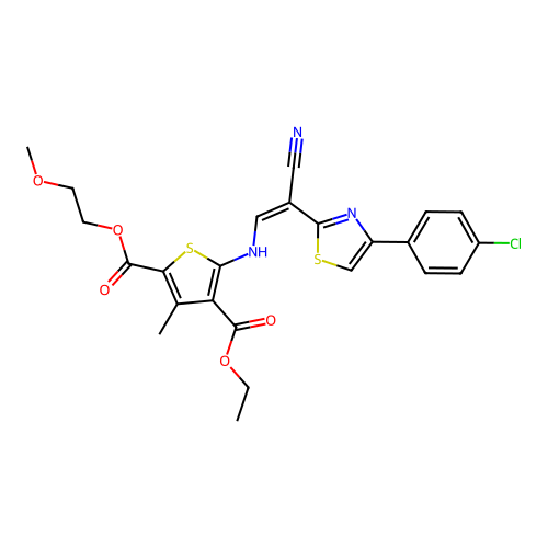 (Z)-4-ethyl 2-(2-methoxyethyl) 5-((2-(4-(4-chlorophenyl)thiazol-2-yl)-2-cyanovinyl)amino)-3-methylthiophene-2,4-dicarboxylate structure