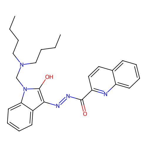 (Z)-N'-(1-((dibutylamino)methyl)-2-oxoindolin-3-ylidene)quinoline-2-carbohydrazide structure