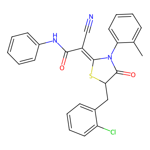 (2Z)-2-[5-(2-chlorobenzyl)-3-(2-methylphenyl)-4-oxo-1,3-thiazolidin-2-ylidene]-2-cyano-N-phenylethanamide structure